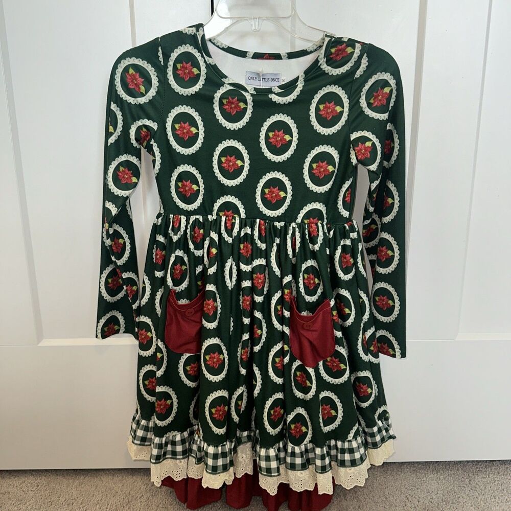 Only Little Once Girls Sz10 XMAS Dress Long Sleeve Lace Ruffle Twirl Dress
